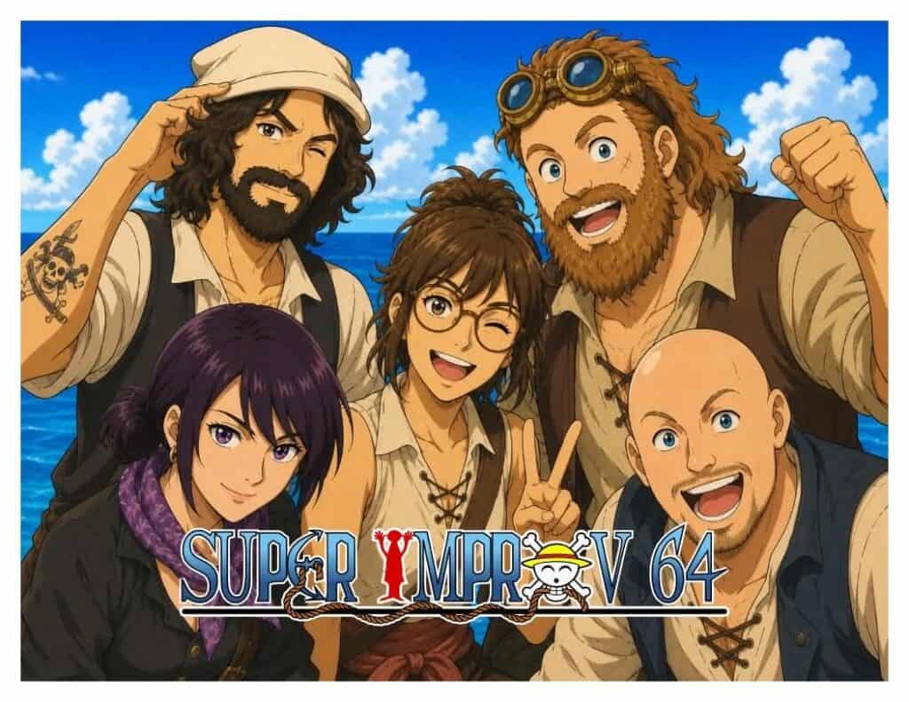 Super Improv 64 crew drawn as One Piece characters