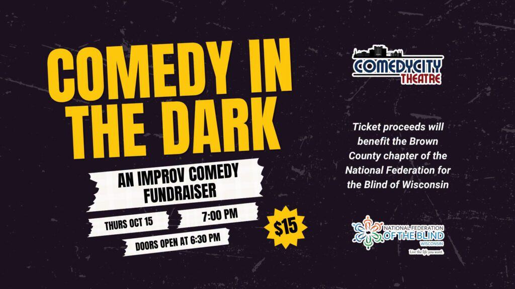 A flyer for comedy in the dark a fundraiser event for the blind