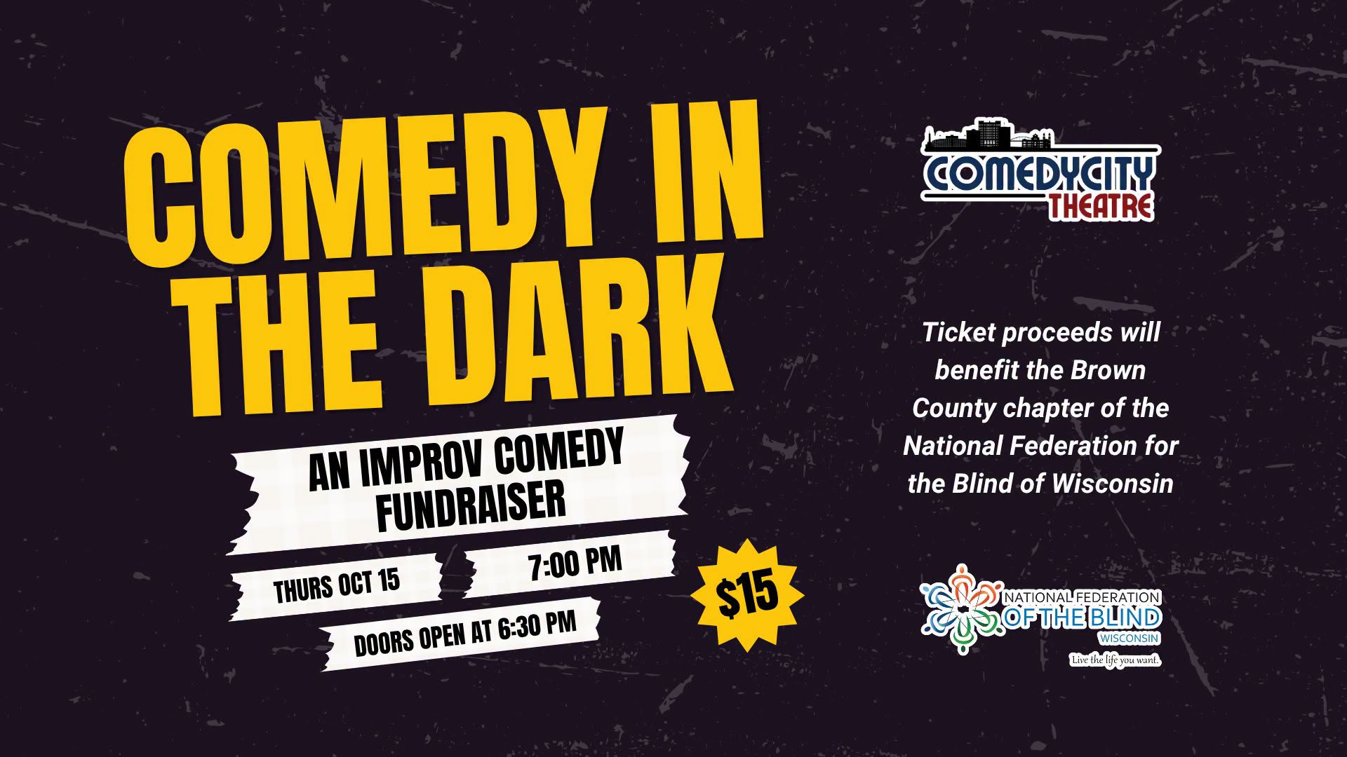 A flyer for comedy in the dark a fundraiser event for the blind